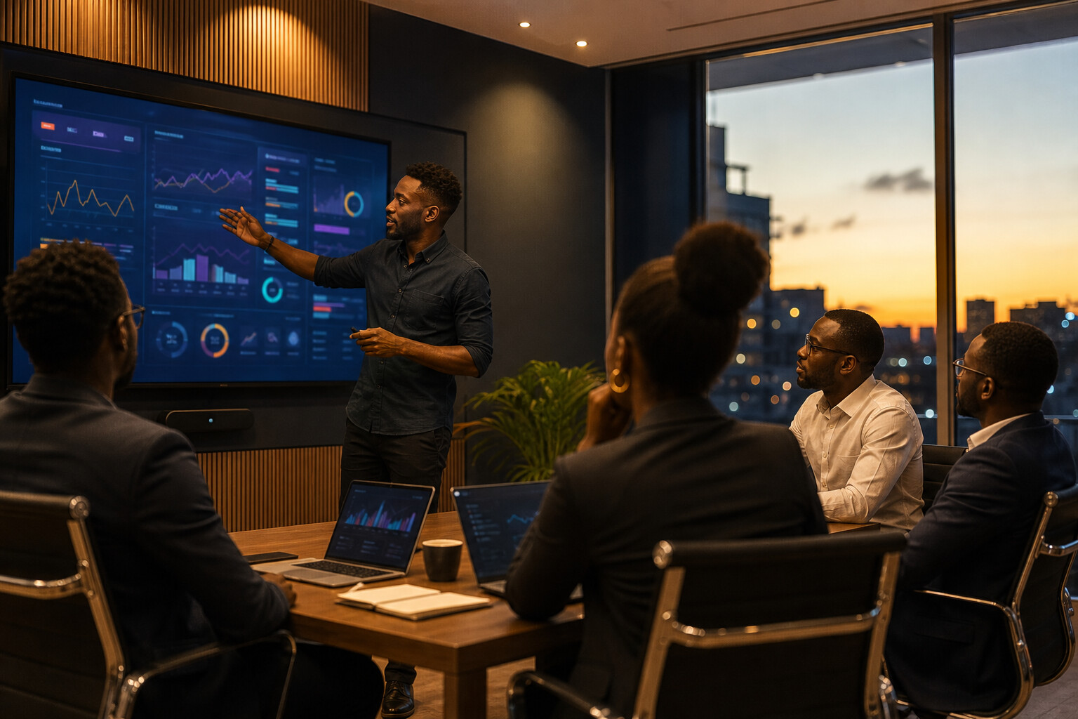 Equipa a apresentar uma solução digital em reunião